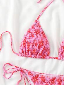 SHEIN Swim 女士夏季海灘花印露背比基尼套裝，適用於度假，印花隨機 - 粉色 - 查看 4