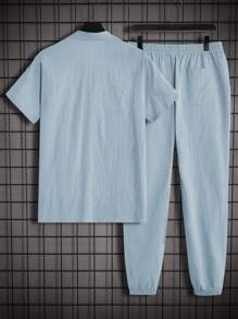 Manfinity Homme Bộ Áo Sơ Mi Nam Cổ Trơn Cổ Tròn Và Quần Dài Có Khuy - Màu xanh lam - Xem 2