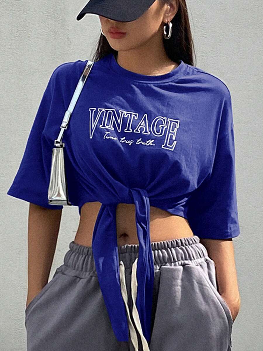 DAZY Áo thun ngắn tay có dây đeo và in chữ thời trang mùa hè cho nữ - Xanh đậm - Xem 1