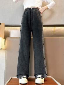 女大童愛心圖案闊腿牛仔褲 - 黑色 - 查看 4