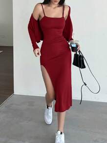 INAWLY Women Elegant Slim Fit Split Hem Cami Dress And Short Front Flap Jacket Set