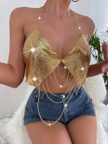 Áo tank top cổ yếm nữ trang trí dây xích kim loại, kiểu dáng thường ngày. - Vàng - Xem 5