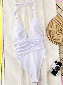 Swim SXY Deep V-Neckline Ruched Slim Fit Halter Neck One-Piece Swimsuit For Summer Beach Holiday - White - View 4