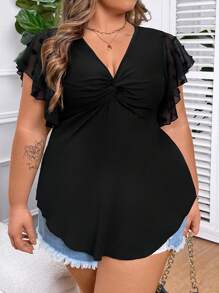 SHEIN CURVE+ 夏季大尺碼女性純色胸前結束飄帶短袖休閒T恤 - 黑色 - 查看 5