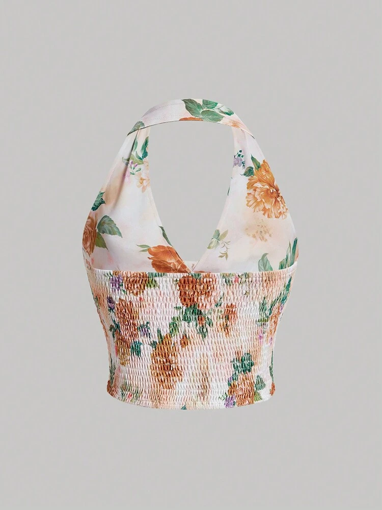 Vintage Floral Colorful Strap Bowknot Women Tank Top For Summer