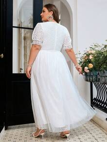 Simplee 大码女式蕾丝拼布花卉装饰V领优雅泡泡袖长款婚纱