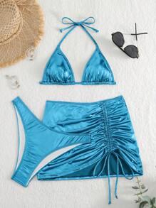 SHEIN Swim Women V-Neck Halter Triangle Cup Bikini Set With Cover-Up Skirt For Summer Beach - Blue - View 1