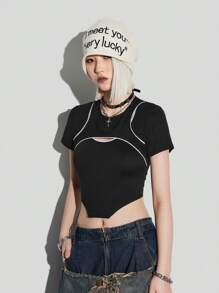 SHEIN EZwear Women's Minimalist Crew Neck Patchwork Short Sleeve Casual Top - Black - View 4