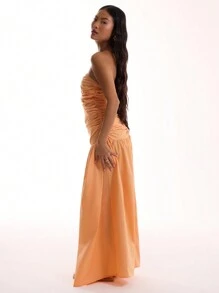 MUSERA 编织褶皱上衣低腰长款连衣裙 春季浪漫夏季度假长裙 优雅毕业舞会礼服 - 橘色 - 查看 3