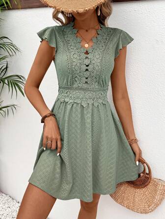SHEIN Frenchy Damen Resort Kleid Mit Blumen Textur Stoff, Rüschen Ärmel, Spitze, A-linie, Sommerkleid, Hochzeitskleid, Hochzeitssaison