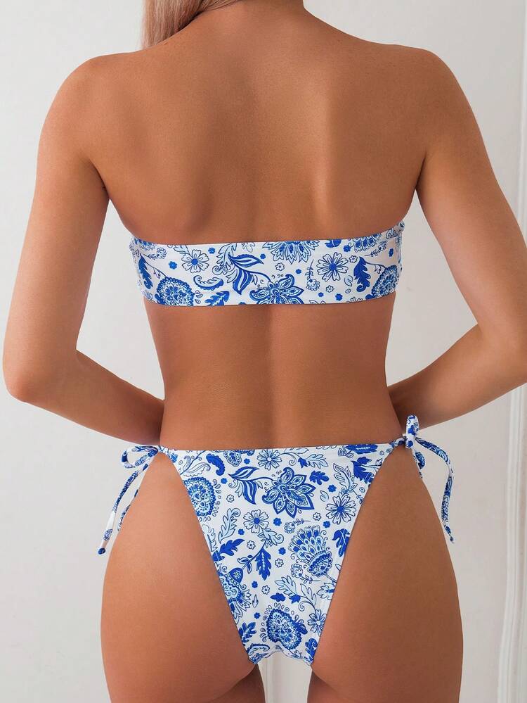 Vintage Style Women Printed Swimwear Set, Random Print Summer