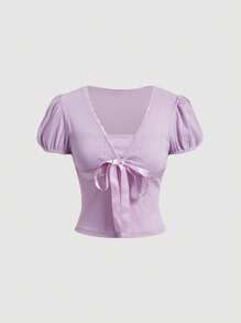 SHEIN MOD Women Solid Color Ribbon Decorated Elegant T-Shirt - Purple - View 1