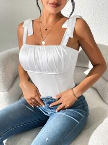 SHEIN Privé Tạp chí đám cưới Thanh lịch và lãng mạn Thắt nơ vai phía trước Satin Bảng chắp vá Xếp li Bộ đồ liền thân dệt kim màu trắng - trắng - Xem 5