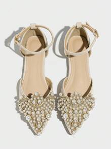 Pointed Toe Flat Non-Slip Crown & Faux Pearl Decor High-End Comfortable Graceful Fairy Style Women's Spring/Autumn Close Back Slip-On Handmade Faux Pearl Shoes, Large Size Strap Sandals,Party Outfits - Beige - View 6