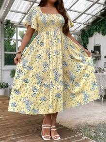 Ceyna 大码女式方领百褶碎花连衣裙女装夏季 - 黃色 - 查看 4
