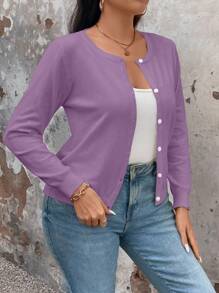 SHEIN LUNE Women Plain Simple Daily Plus-Size Cardigan Fall Winter Cloth For Women Autumn - Mauve Purple - View 3