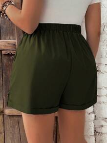 Calvaya Plus Size Solid Color Drawstring Daily Casual Shorts - Army Green - View 2