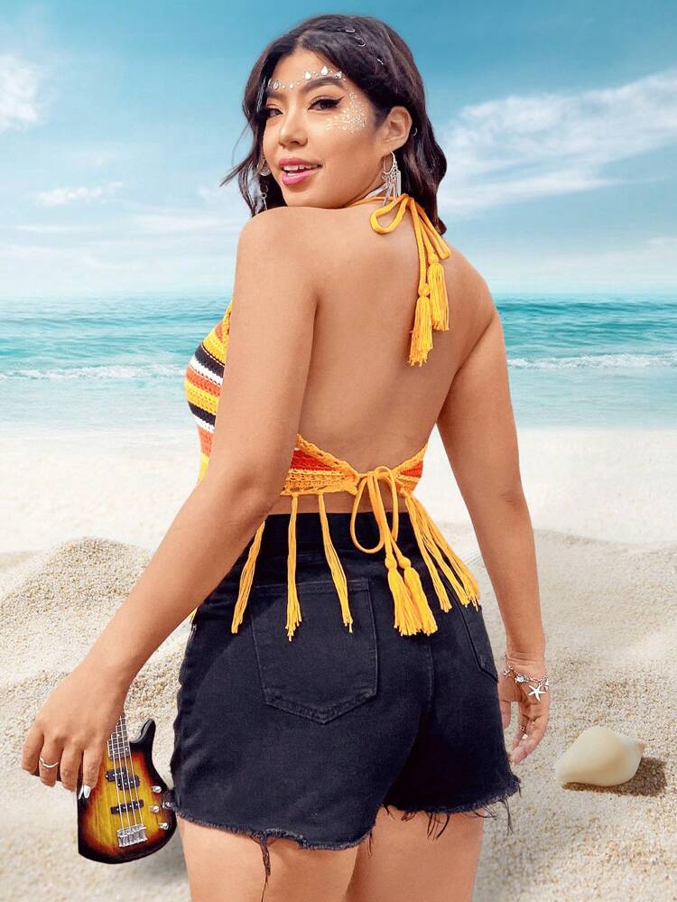 Plus Size Knitted Top With Tassel Hem, Knot Back, Striped Pattern And Halter Neck