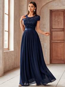 MIUSOL Elegant Women's Sequin Floral Lace Contrast Chiffon Maxi Dress With Pleated Hem,  Perfect For Easter, Mother Day, Evening Party, Wedding Guest, Anniversary Balls - Màu xanh hải quân - Xem 5