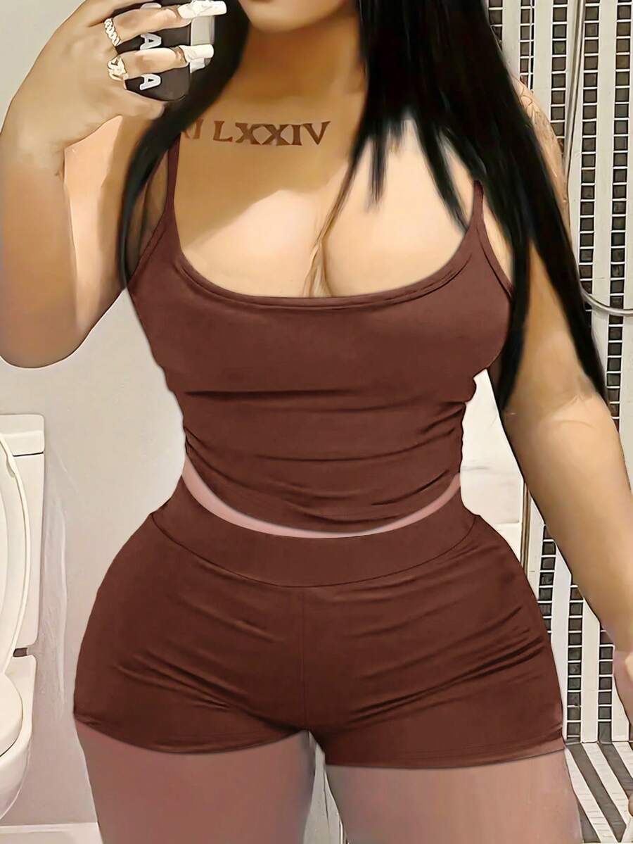 INAWLY 大尺寸單色修身肩帶短褲二件套，夏季必備 - 棕色 - 查看 1