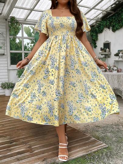 Ceyna Plus Size Women Square Neck Pleated Ditsy Floral Dress Women Outfit For Summer