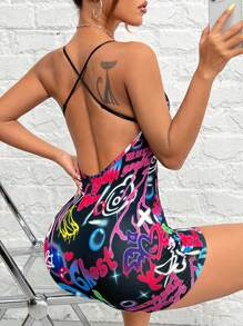 SHEIN PETITE Graffiti Printed Backless Cami Unitard Romper Summer - Multicolor - View 5