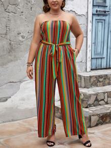 SHEIN LUNE Mono de rayas sin tirantes en talla grande con cinturón, estilo vacacional, verano - Multicolor - Ver 6
