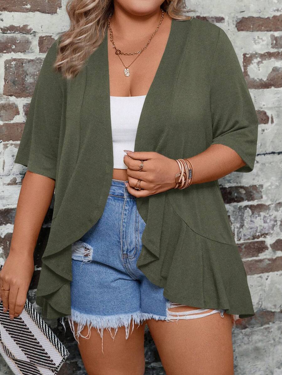 SHEIN LUNE Plus Size Màu trơn phía trước Áo khoác kimono hở có viền xù cho trang phục mùa hè thông thường - Màu xanh Ô liu - Xem 1
