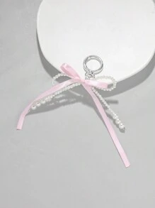 ROMWE Kawaii 1pc Korean Style Simple And Sweet Faux Pearl Pink Ribbon Bow Knot Pendant Keychain Keyring Bag Charm Valentines - Pink - View 4