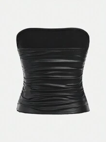 SHEIN Girlism Teen Girl Knitted Solid Color Elastic Ruched Casual Bandeau Tank Top