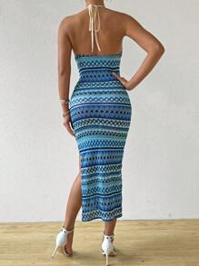 Chiquease 女士時尚幾何印花露背側開叉連衣裙