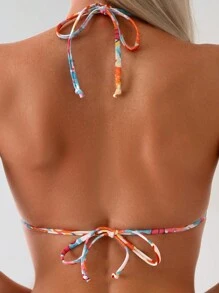 SHEIN Swim 女士吊带比基尼套装 3 件套随机印花夏季海滩 - 彩色 - 查看 4