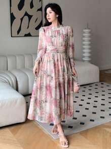 DAZY 女士花卉印花優雅束腰連身裙 - 粉色 - 查看 3