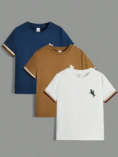 3pcs Loose Fit Casual Round Neck Pattern Short Sleeve T-Shirt Set For Tween Boys, School, Campus, College