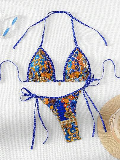 Swim Vcay Summer Beach Women Vacation Floral Print Halter Neck Tie Bikini Set Random Print