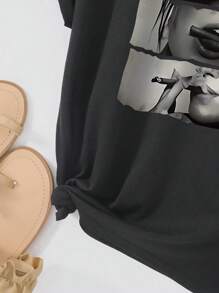 SHEIN 夏季短袖圆领图案印花 T 恤图案 T 恤女式上衣 - 黑色 - 查看 4