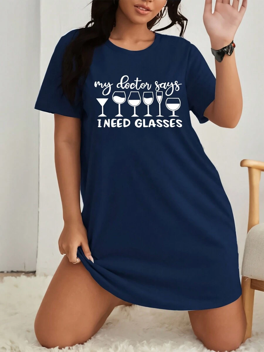 SHEIN LUNE 大碼女性簡單印花圓領短袖連衣裙 - 藏蓝色 - 查看 1