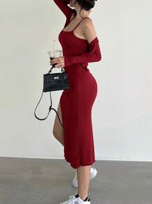 INAWLY Women Elegant Slim Fit Split Hem Cami Dress And Short Front Flap Jacket Set
