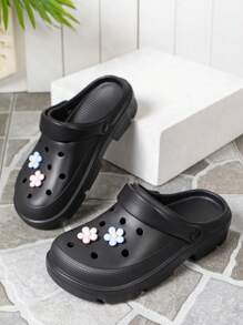 花卉图案轻便女士甜美防水塑料两穿厚底EVA镂空鞋，沙滩装 - 黑色 - 查看 2