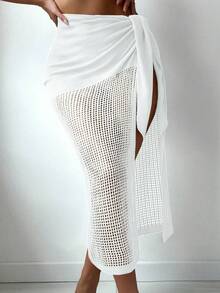 SHEIN Swim Summer Beach Women Holiday Waist Twisted Open Slit Hem Long Cover-Up Skirt - White - View 4