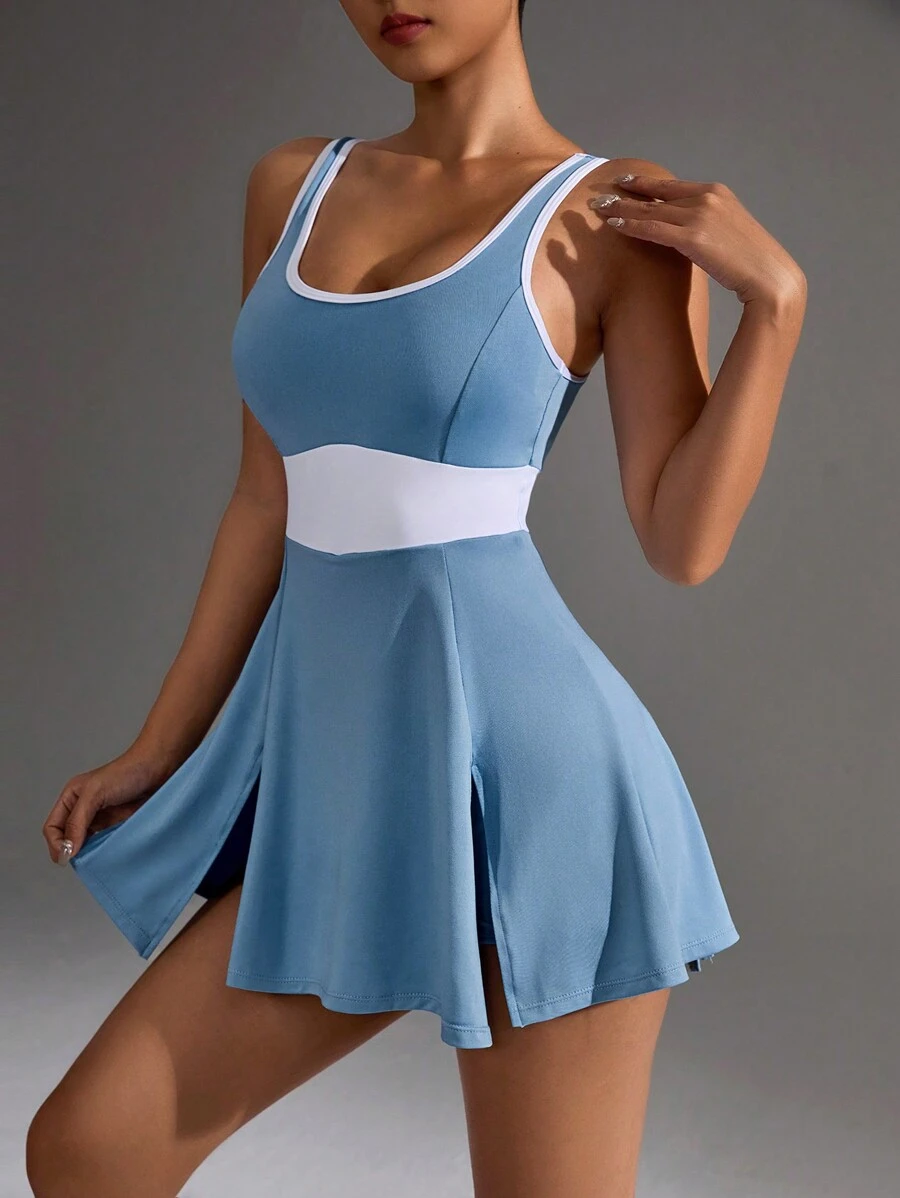 Easithlete Women Summer Sleeveless Sporty Dress With Large Round Neckline And Contrast Edgingathletic Dress - Blue - View 1