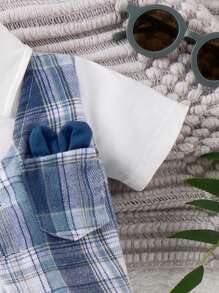 Baby Mädchen modischer und lässiger kurzärmliger Bodysuit mit Karo- und Druckknopfmuster und Shorts