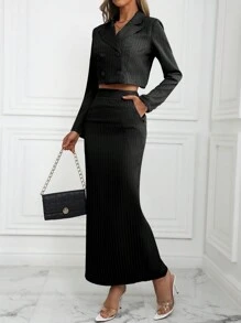 Chiquease Women Fashionable Striped Short Suit With Slit Hem Mid-Length Skirt - Black - View 5