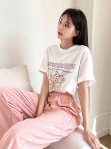 DAZY 女式可愛的卡通角色和標語印花短袖上衣和寬腿褲鬆身居家套裝