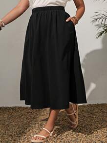 EMERY ROSE Plus Size Solid Color Elastic Waist Swing Loose Summer Fashion All-Match Skirt