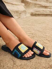 Styleloop Zapatillas Planas Cómodas Para Mujeres, Elegante Estilo Retro Con Patrón Bohemio Floral Tridimensional - Negro - Ver 4