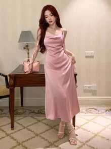 DAZY 女士夏季纯色无袖长款连衣裙简约优雅风格舞会礼服婚礼女士连衣裙