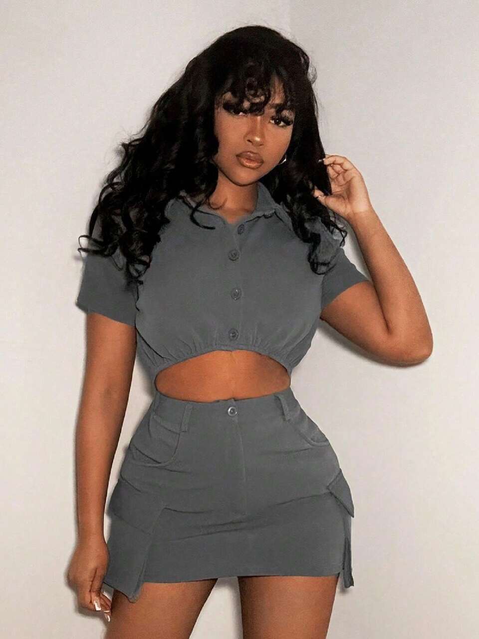 Solid Color Cropped Top And Workwear Skirt Set