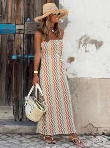 SHEIN LUNE Women Fashionable Strapless Back Tie Summer Dress - Multicolor - View 2