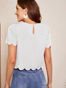 SHEIN Clasi Women Summer Round Neck Solid Color Scallop Hem Blouse,Short Sleeve Tops - White - View 2
